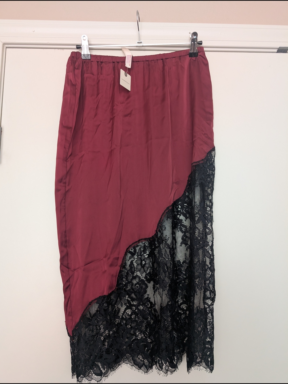 Anthropologie Wine Satin Midi Skirt with Black Lace Panel
